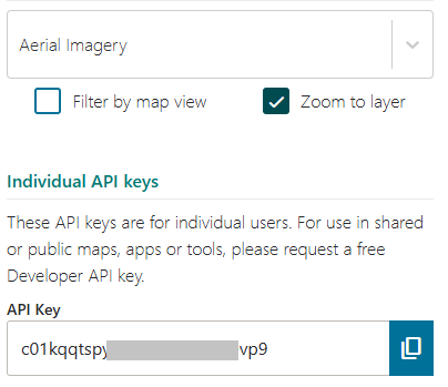 LINZ Basemaps settings screen showing where to find the API key